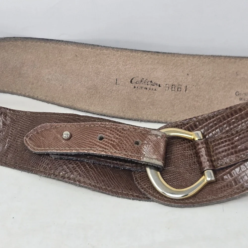 Calderon Vintage‎ Brown Lizard Embossed Leather Wide Waist Belt Gold Buckle L